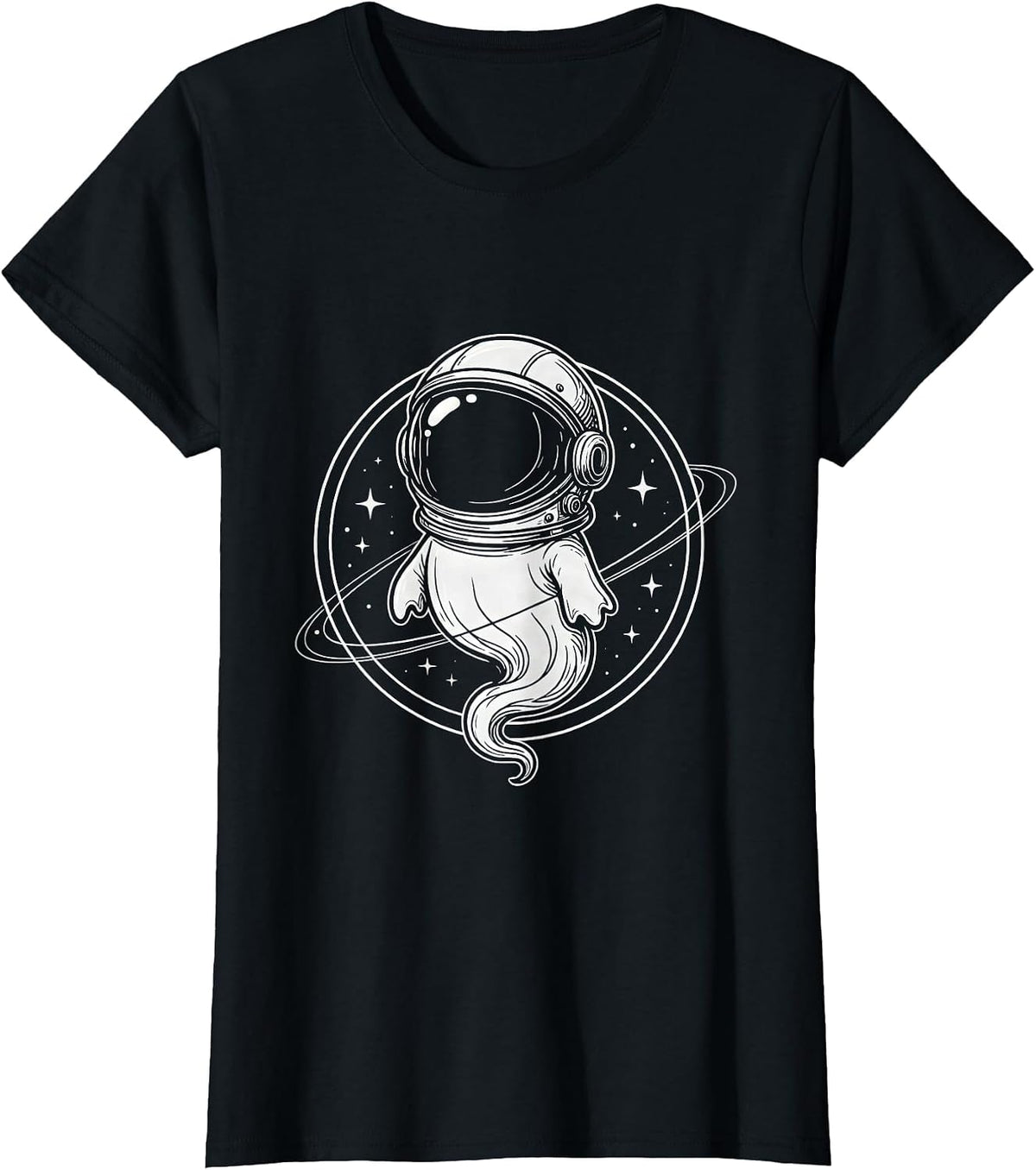 Women's Ghost Astronaut in Space Vintage Illustration T-Shirt - Black