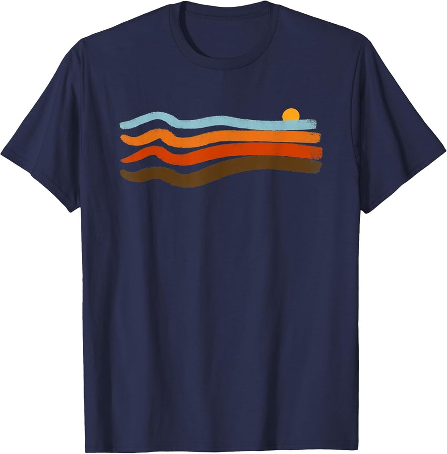 Vintage 70s Retro Stripes Sunset Summer Waves T-Shirt - Navy Blue