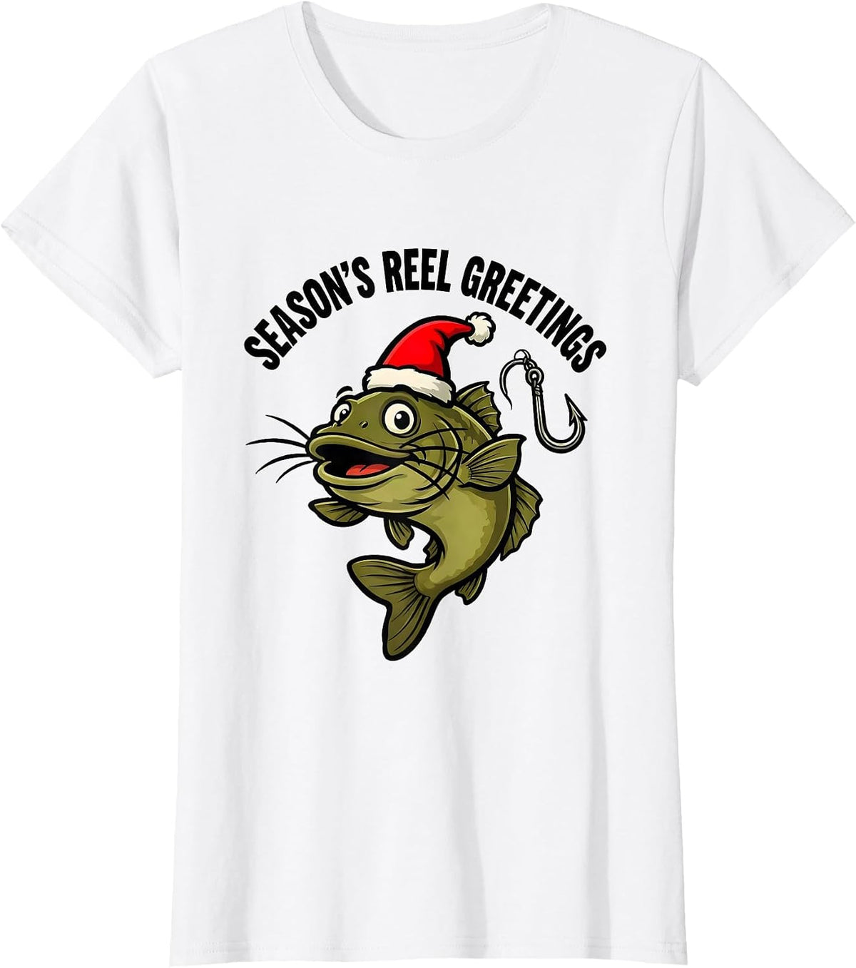 Season's Reel Greetings Cartoon Fishing Christmas Funny T-Shirt - White