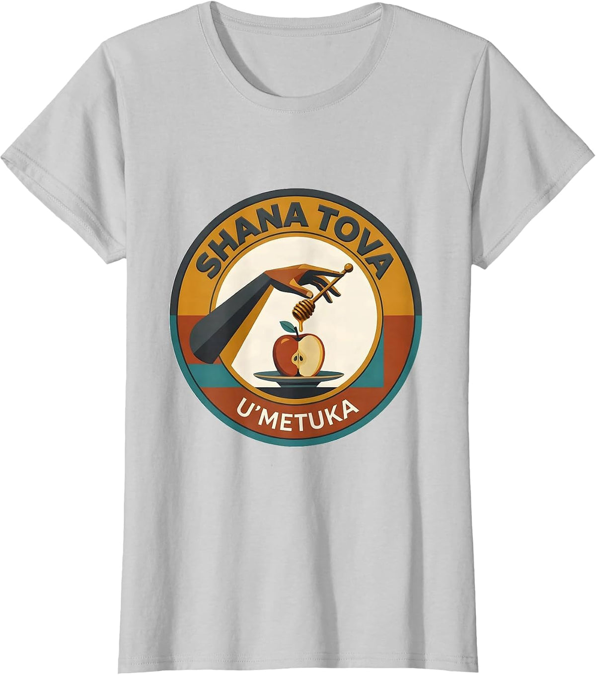 Women's Shana Tova U'Metuka Midcentury Modern Rosh Hashanah Apple T-Shirt - Silver Grey
