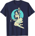Tattooed Goth Pin-Up Girl Horror Ghost Moon Rockabilly T-Shirt - Navy Blue