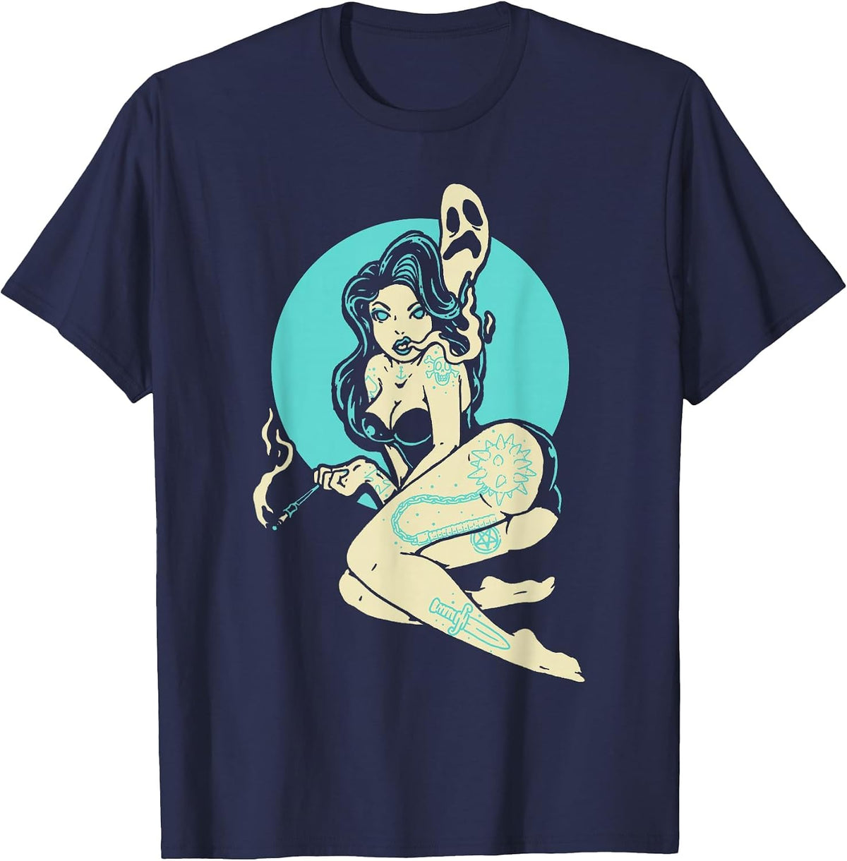 Tattooed Goth Pin-Up Girl Horror Ghost Moon Rockabilly T-Shirt - Navy Blue