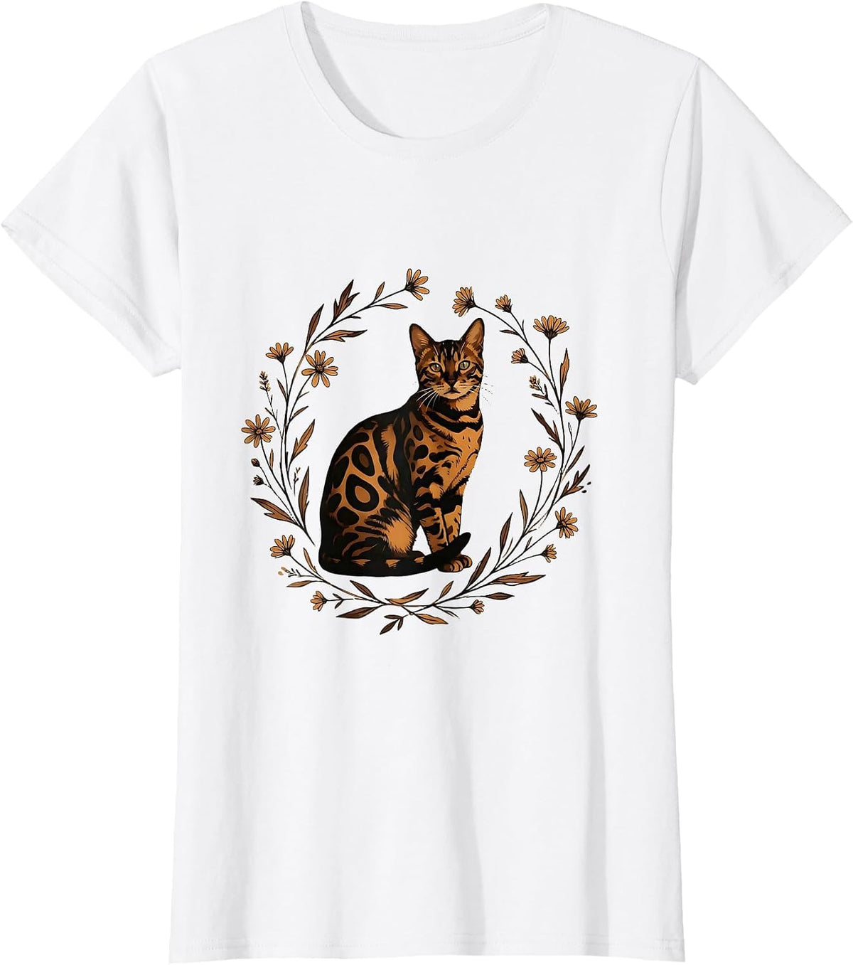 Bengal Cat Wildflower Botanical Illustration T-Shirt - White