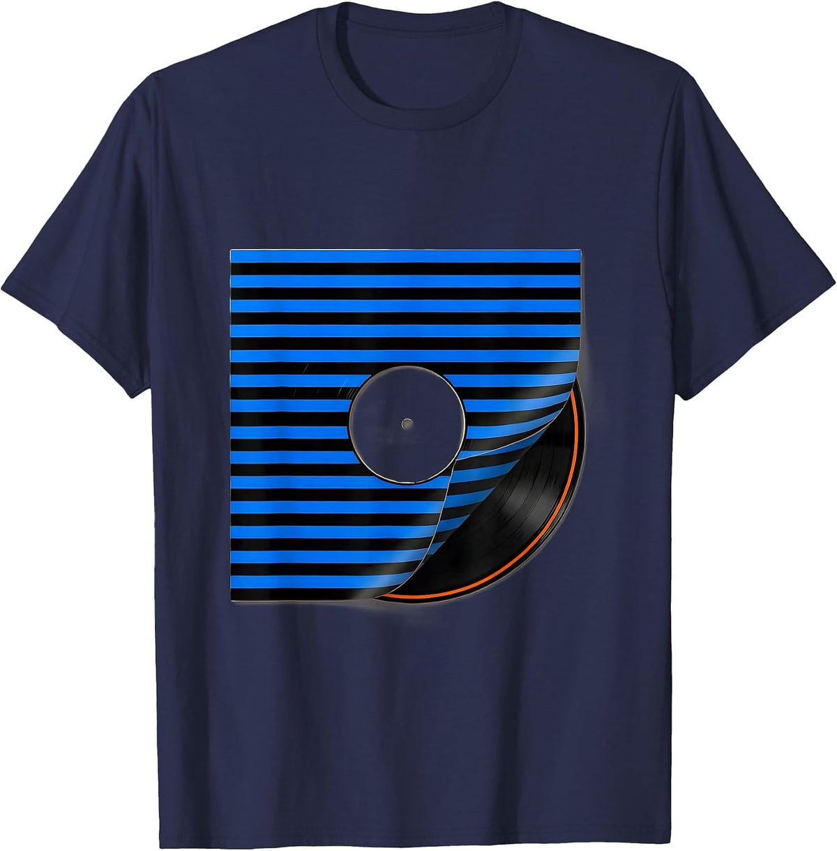 Men's Disrupted Stripe Record Sleeve Hip Hop 80s 90s Nostalgia T-Shirt - Navy Blue