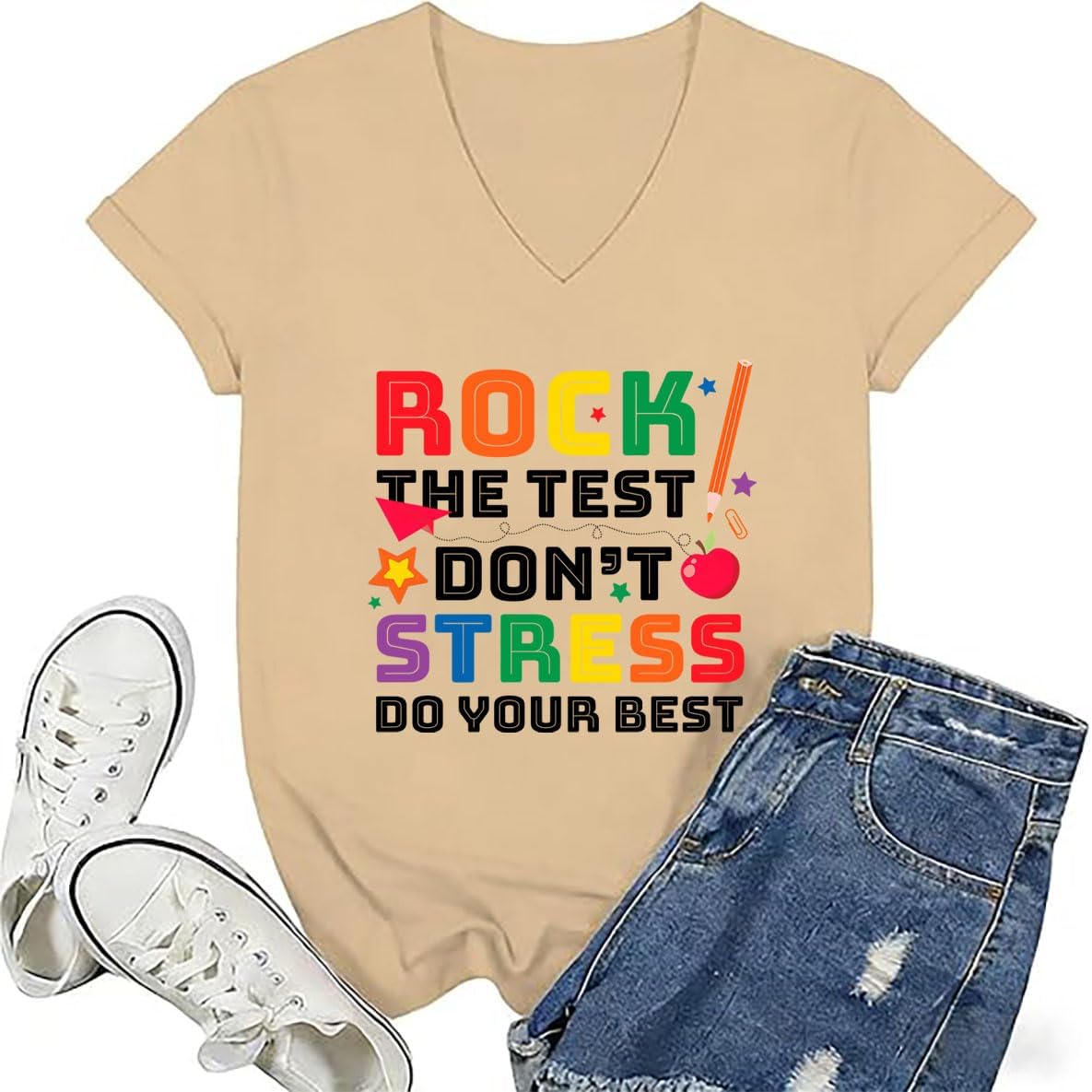Rock The Test Don't Stress Shirt, Just Do Your Best Teacher T-Shirt, Testing Shirts for Teachers - V-Neck Khaki-v