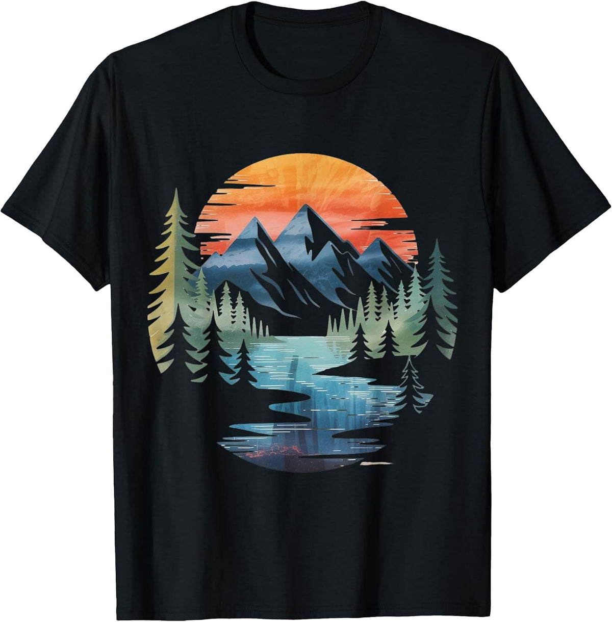 Vintage Mountain Sunset Forest Landscape Graphic River Art T-Shirt - Black