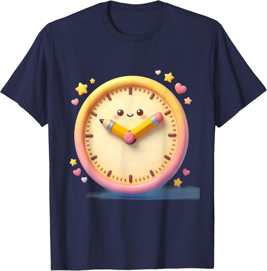 4th Grade Teacher Clock Pencil Illustration T-Shirt - Navy Blue