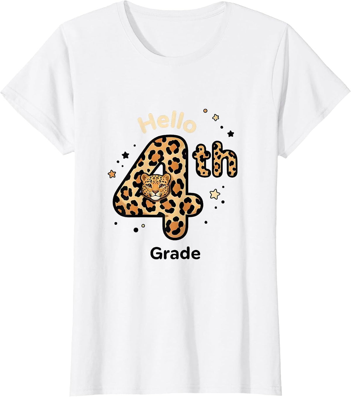 Women's Hello 4th Grade Cute Kawaii Leopard Teacher Student Back T-Shirt - White