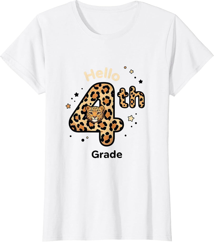 Women's Hello 4th Grade Cute Kawaii Leopard Teacher Student Back T-Shirt - White