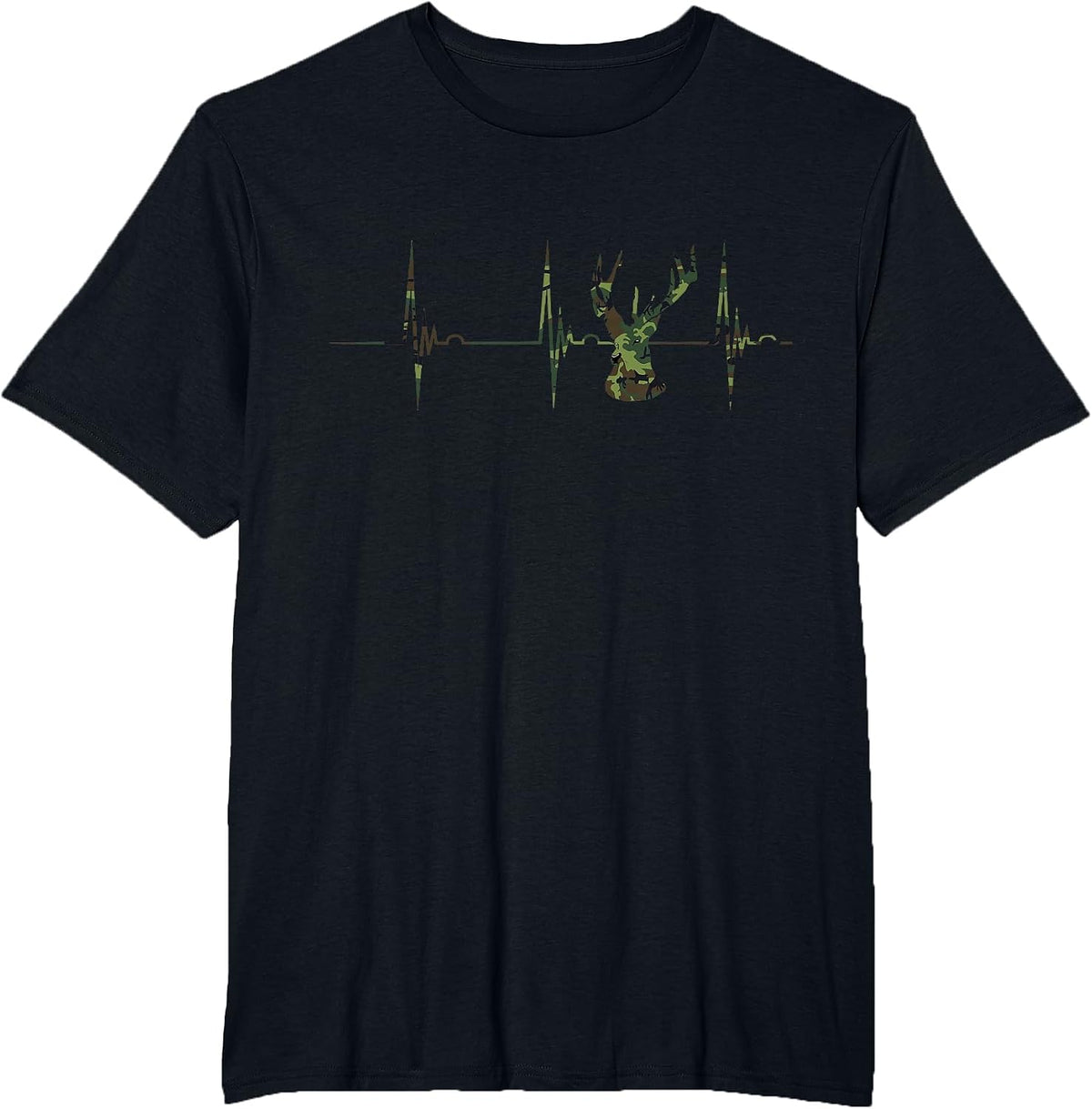 Camo Deer Heartbeat ECG Pulse Hunter Camouflage Hunting T-Shirt - Black