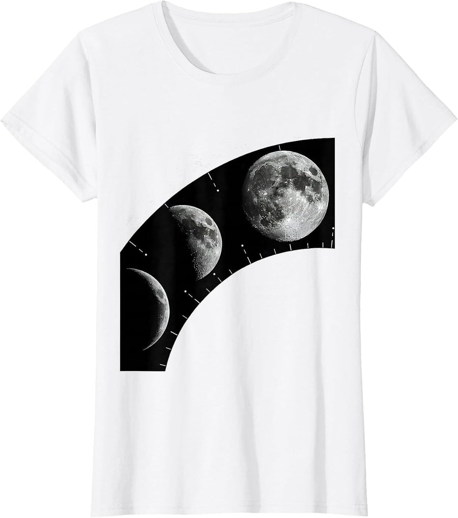 Women's Lunar Phase Arc Monochromatic Astronomy Enthusiast Graphic T-Shirt - White