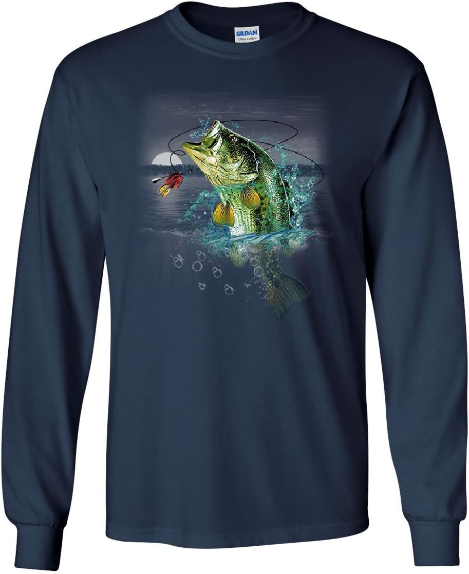 Bass Fishing Long Sleeve T-Shirt Fisherman Camping Hobby Angler Lake River Tee - Navy Blue