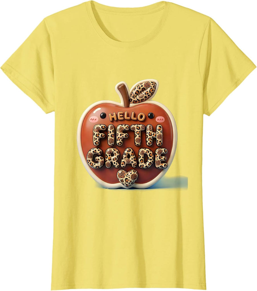 Women's Hello Fifth Grade Cute Leopard Kawaii Back To School Teacher T-Shirt - Lemon Yellow