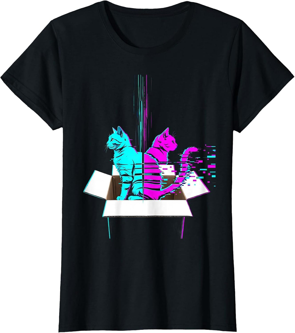 Glitchy Cat Data Strip Quantum Physics Humor T-Shirt - Black