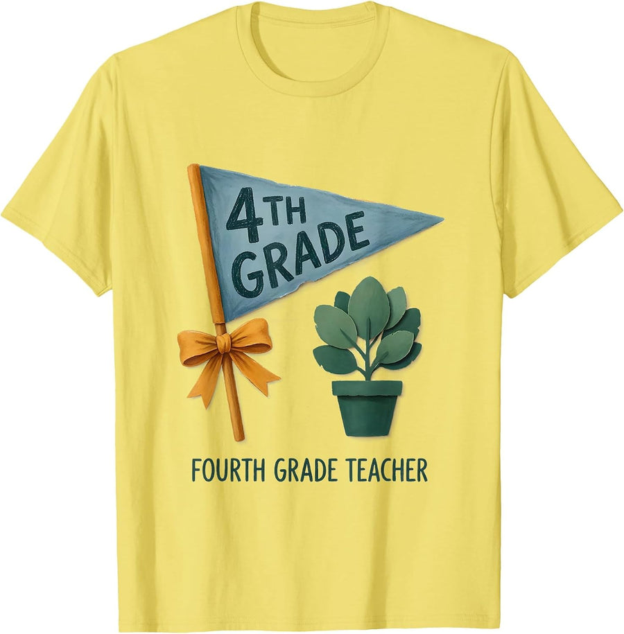 Men's Fourth Grade Teacher Storybook Pennant Flag Back To School T-Shirt - Lemon Yellow