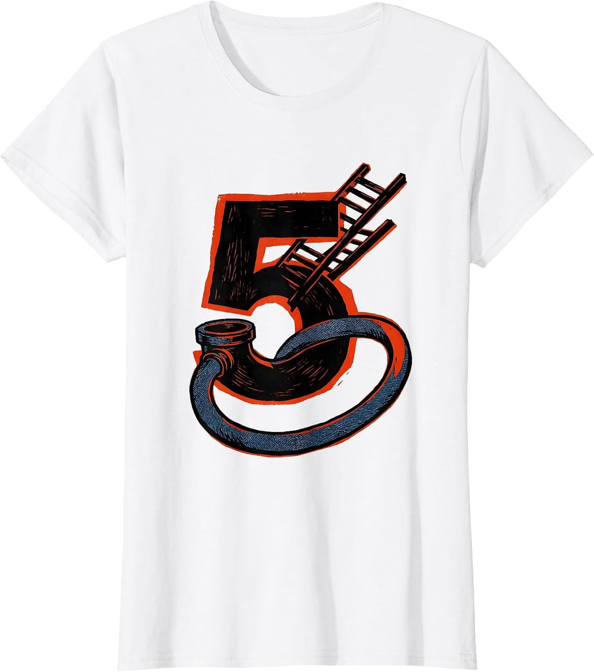 Five Fire Truck Linocut Toddler Firefighter Birthday T-Shirt - White