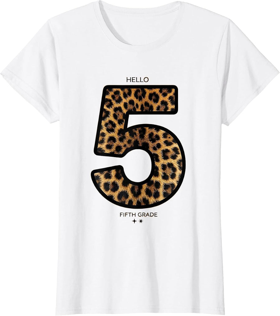 Women's Hello Fifth Grade Leopard Teacher Student Back To School T-Shirt - White