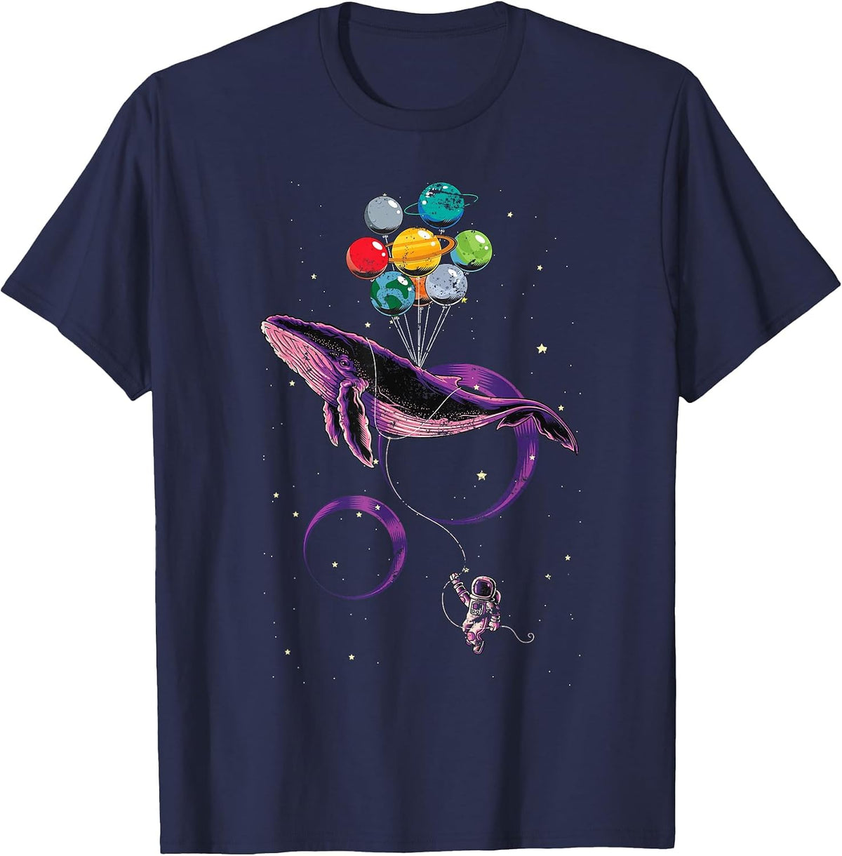 Solar System Planets Balloon Blue Whale Space Astronaut T-Shirt - Navy Blue