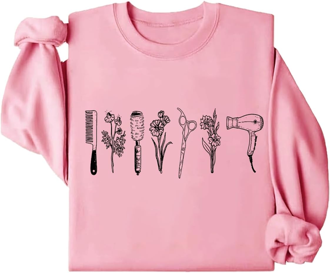 Minimalist Hairstylist Sweatshirt, Hair Stylist Sweatshirt, Unisex Wildflower Hairdresser Hair Therapist Sweatshirt - Pink