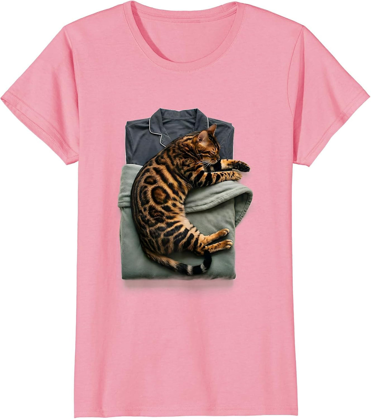 Women's Sleeping Bengal Cat Minimalist Pet Owner Pajama Humor T-Shirt - Pink