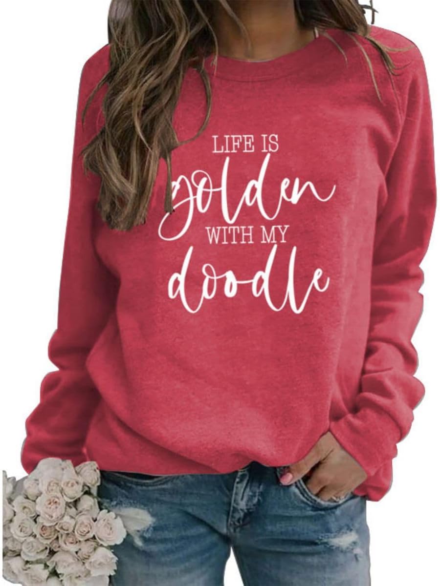Life Is Golden With My Doodle Sweatshirt For Women Doodle Mom Crewneck Pullover Dog Lover Long Sleeve Shirts - Red