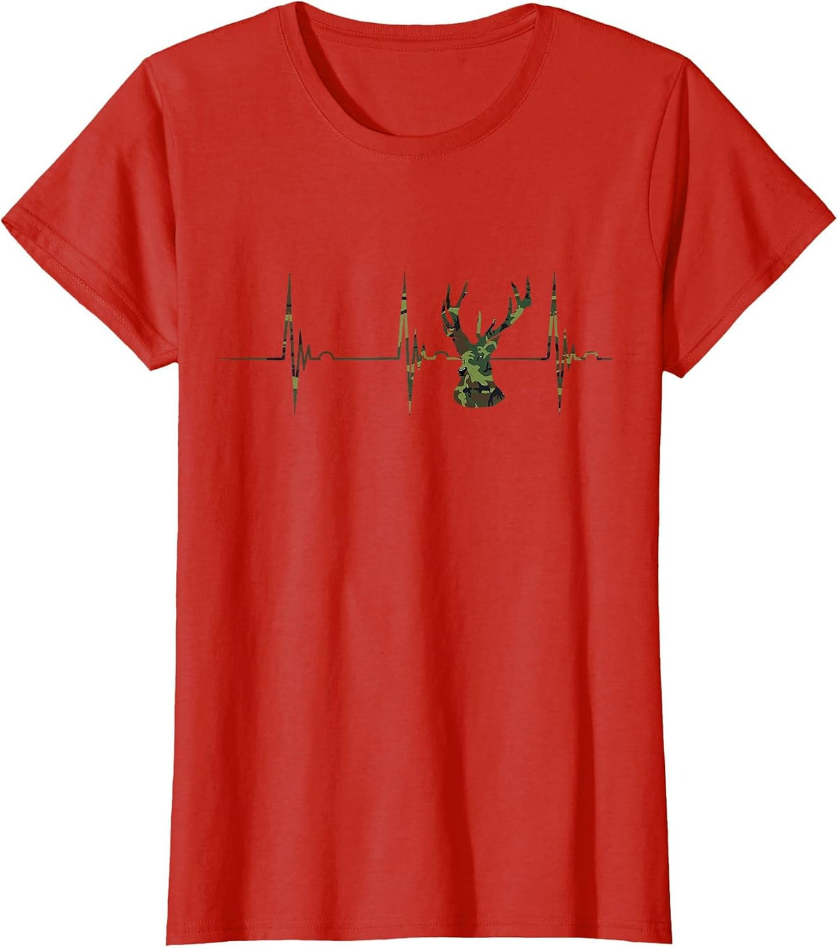 Camo Deer Heartbeat ECG Pulse Hunter Camouflage Hunting T-Shirt - Red