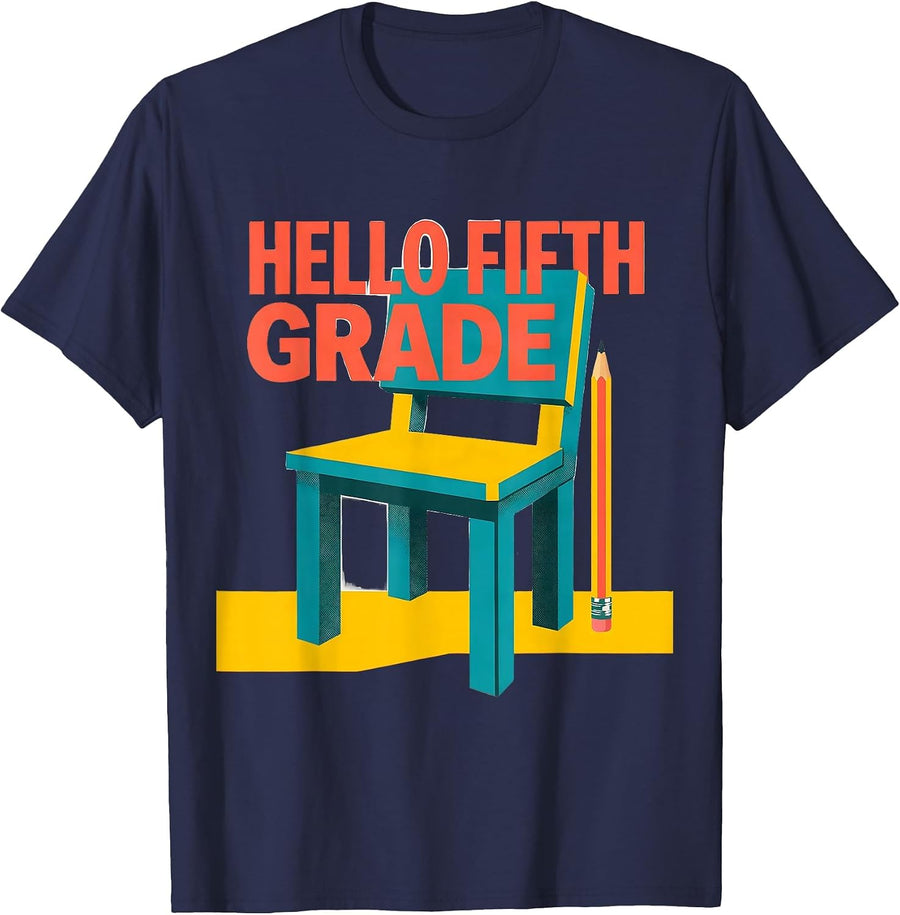 Hello Fifth Grade Geometric Back To School Teacher Student T-Shirt - Navy Blue