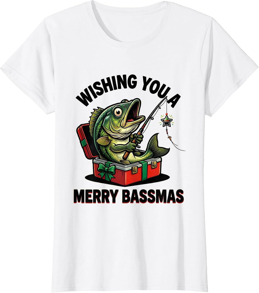 Women's Wishing You a Merry Bassmas Funny Cartoon Christmas Fishing T-Shirt - White