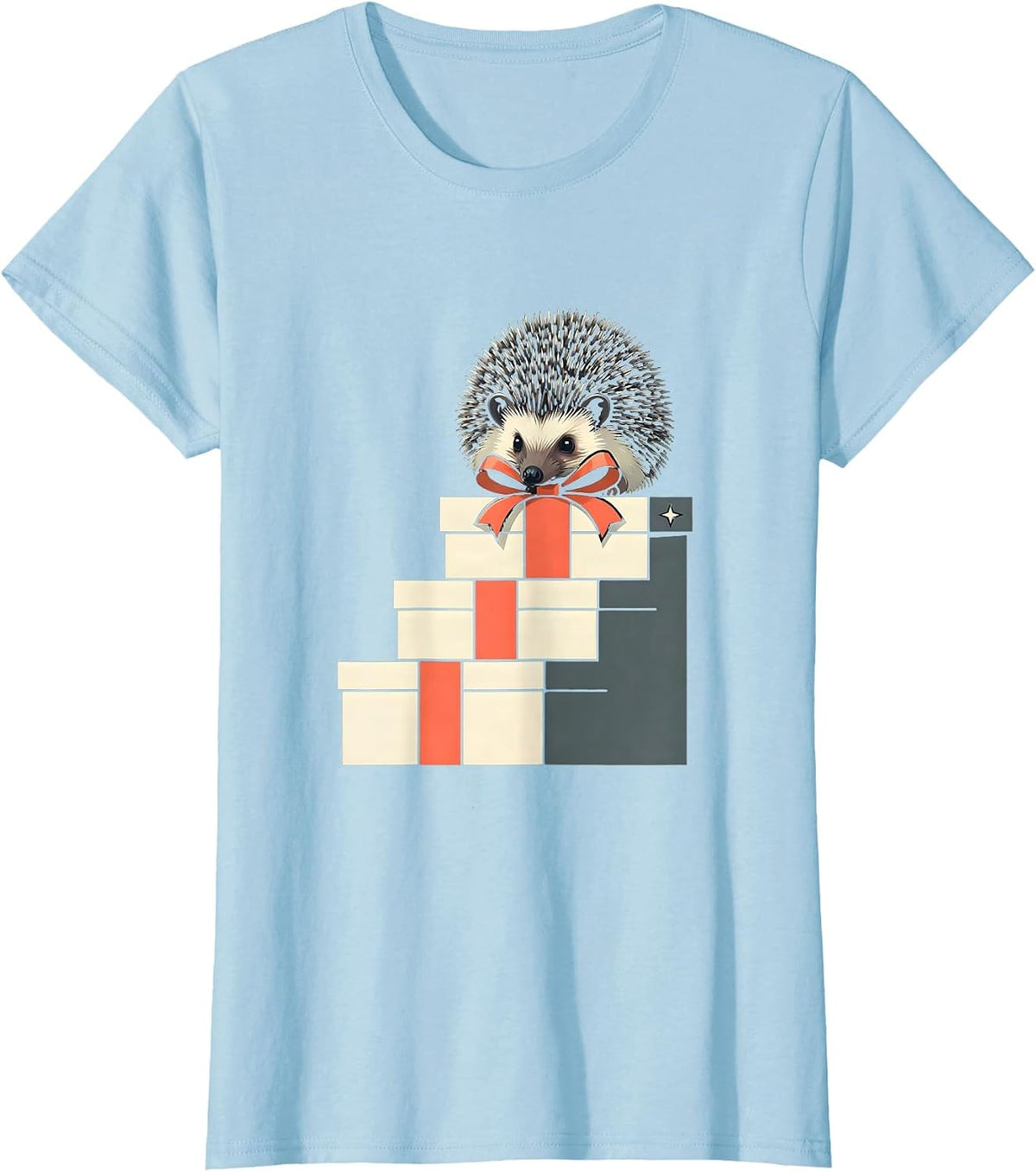 Women's Hedgehog Curled Gift Boxes Cute Christmas Novelty T-Shirt - Baby Blue