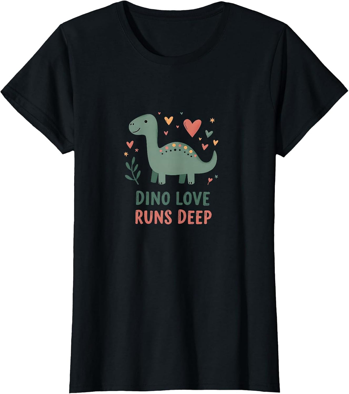 Dino Love Runs Deep Cute Dinosaur Design T-Shirt - Black