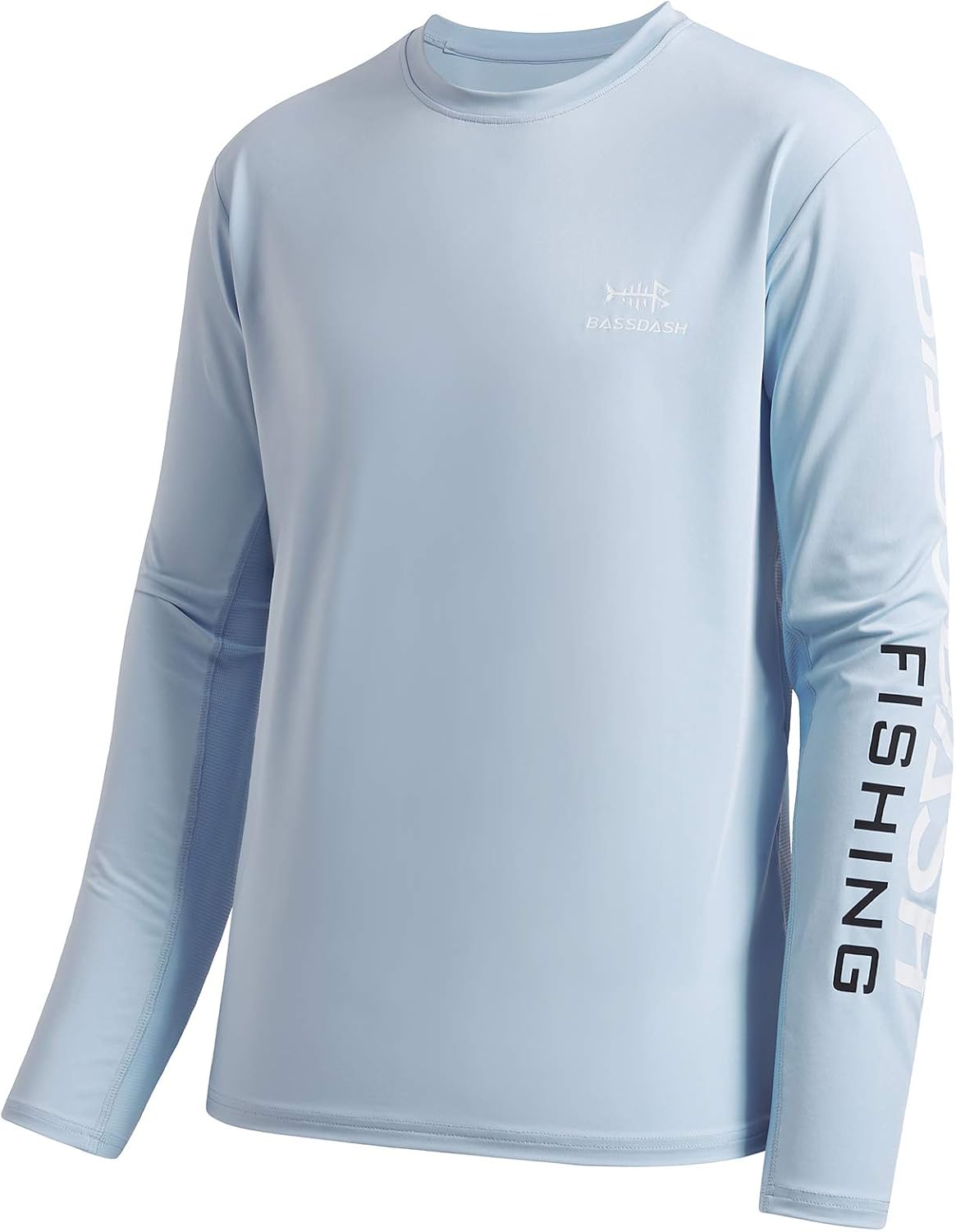 BASSDASH Fishing T Shirts for Men UV Sun Protection UPF 50+ Long Sleeve Tee T-Shirt - Light Steel Blue\/White Logo