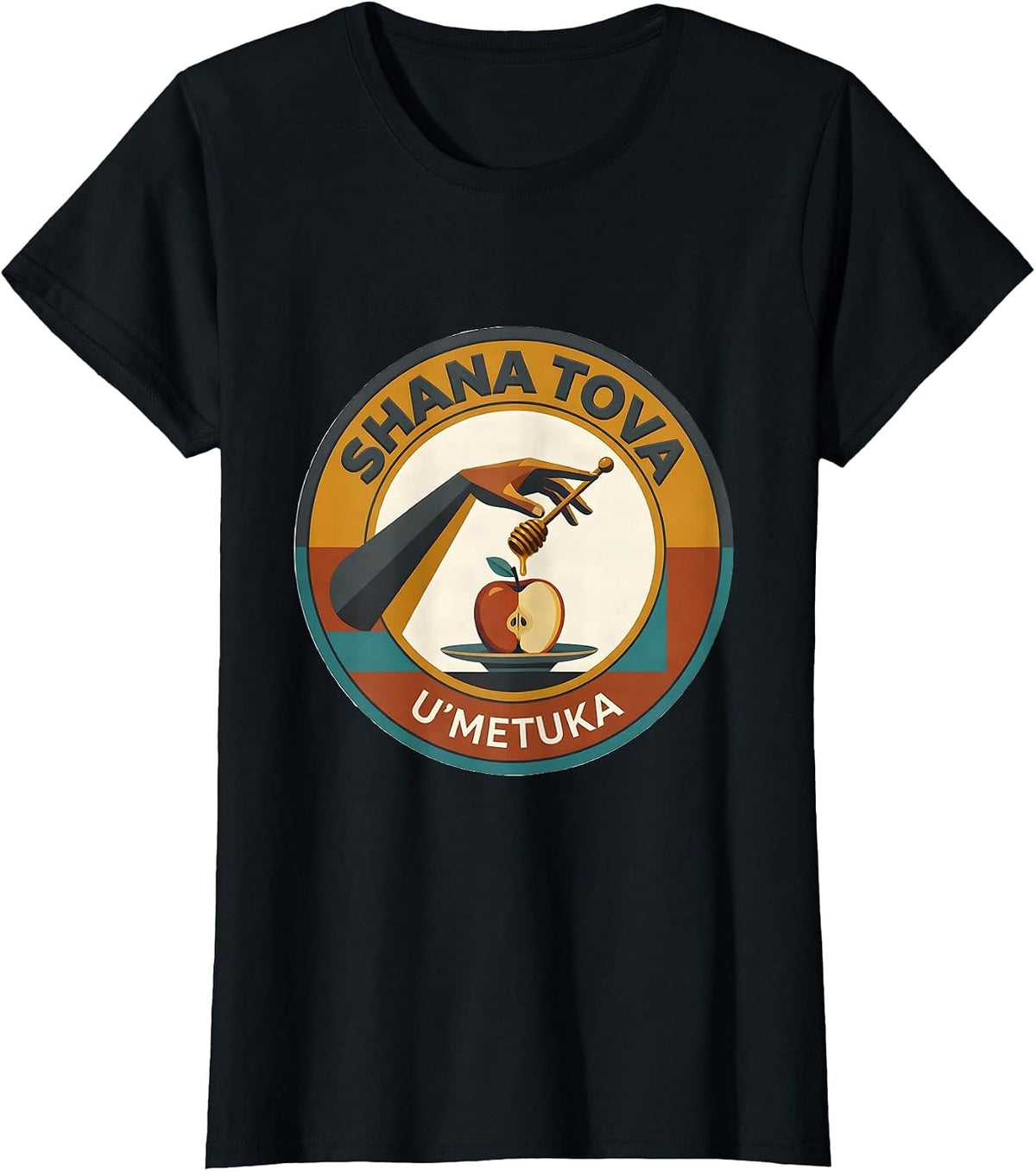 Women's Shana Tova U'Metuka Midcentury Modern Rosh Hashanah Apple T-Shirt - Black