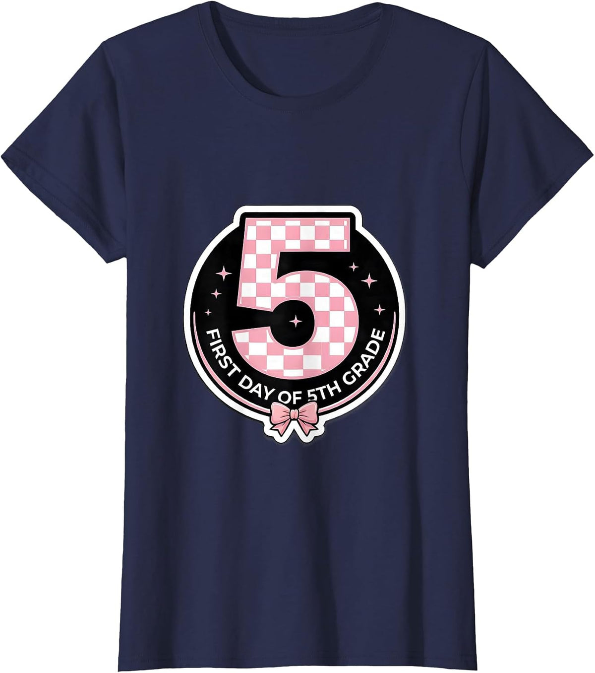 Women's First Day Of 5th Grade Cute Coquette Bow Back To School Girl T-Shirt - Navy Blue