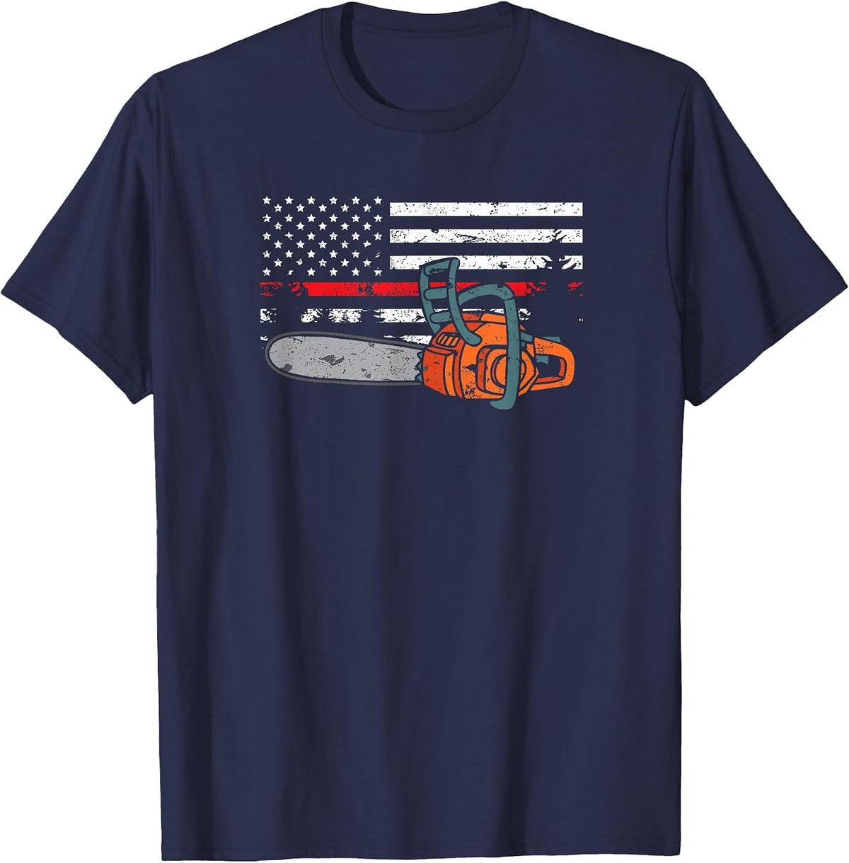 Wildland Firefighter Chainsaw Red Line American Flag T-Shirt - Navy Blue
