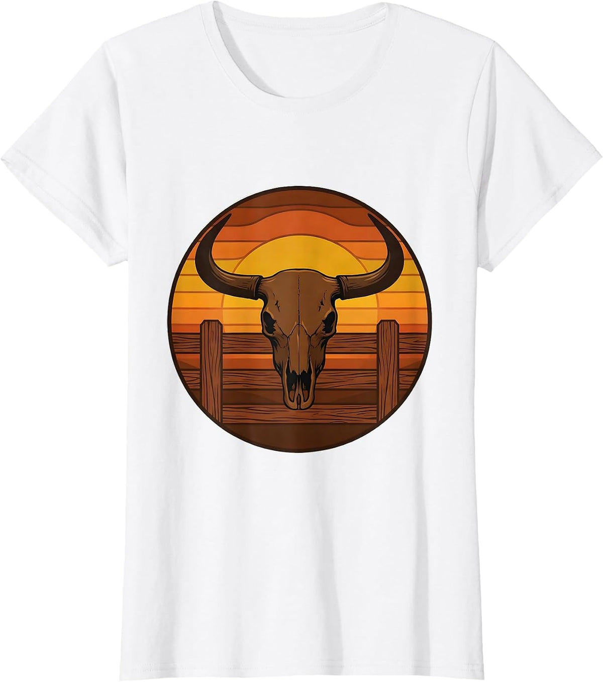 Women's Bull Horns Bursting Through Fence Rodeo Graphic T-Shirt - White