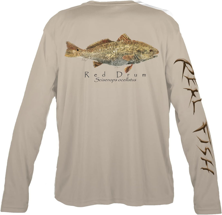 Realfish Red Drum Long Sleeve Performance Fishing Shirt, Sand with Fish Graphics - Tan