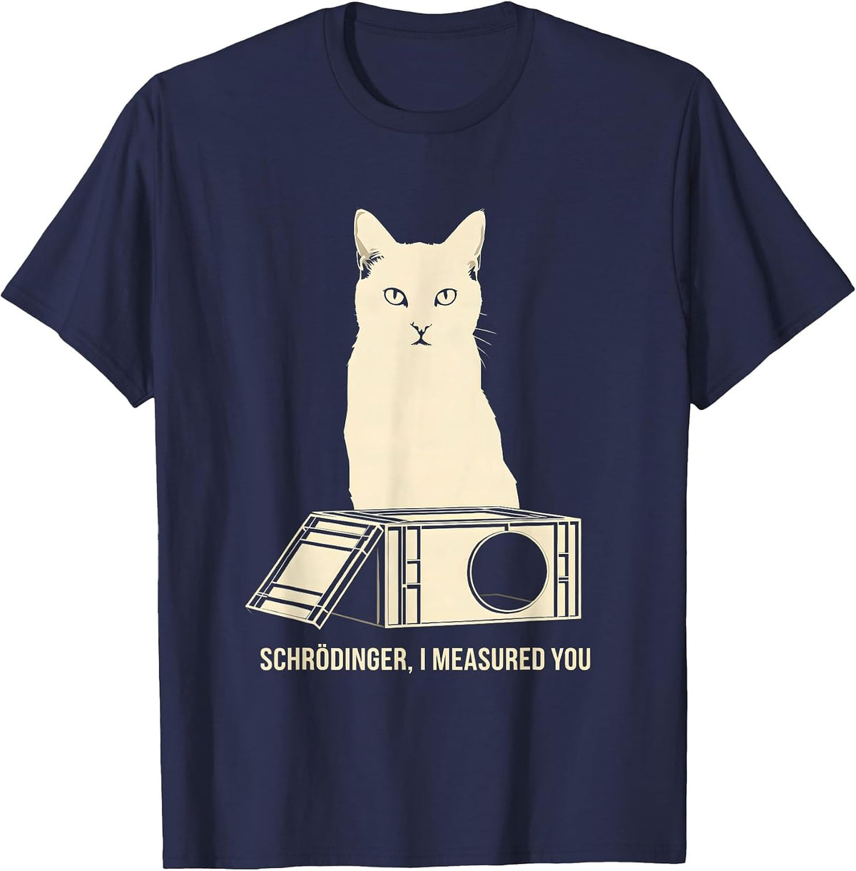 Men's Schrödinger, I Measured You Funny Quantum Physics Cat Humor T-Shirt - Navy Blue