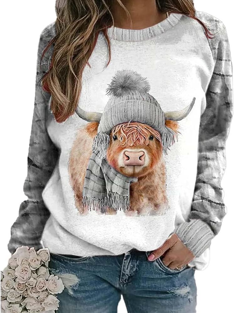 Women's Winter West Highland Cow Plaid Print Sweatshirt Western Highland Cow Shirts for Women - Gray