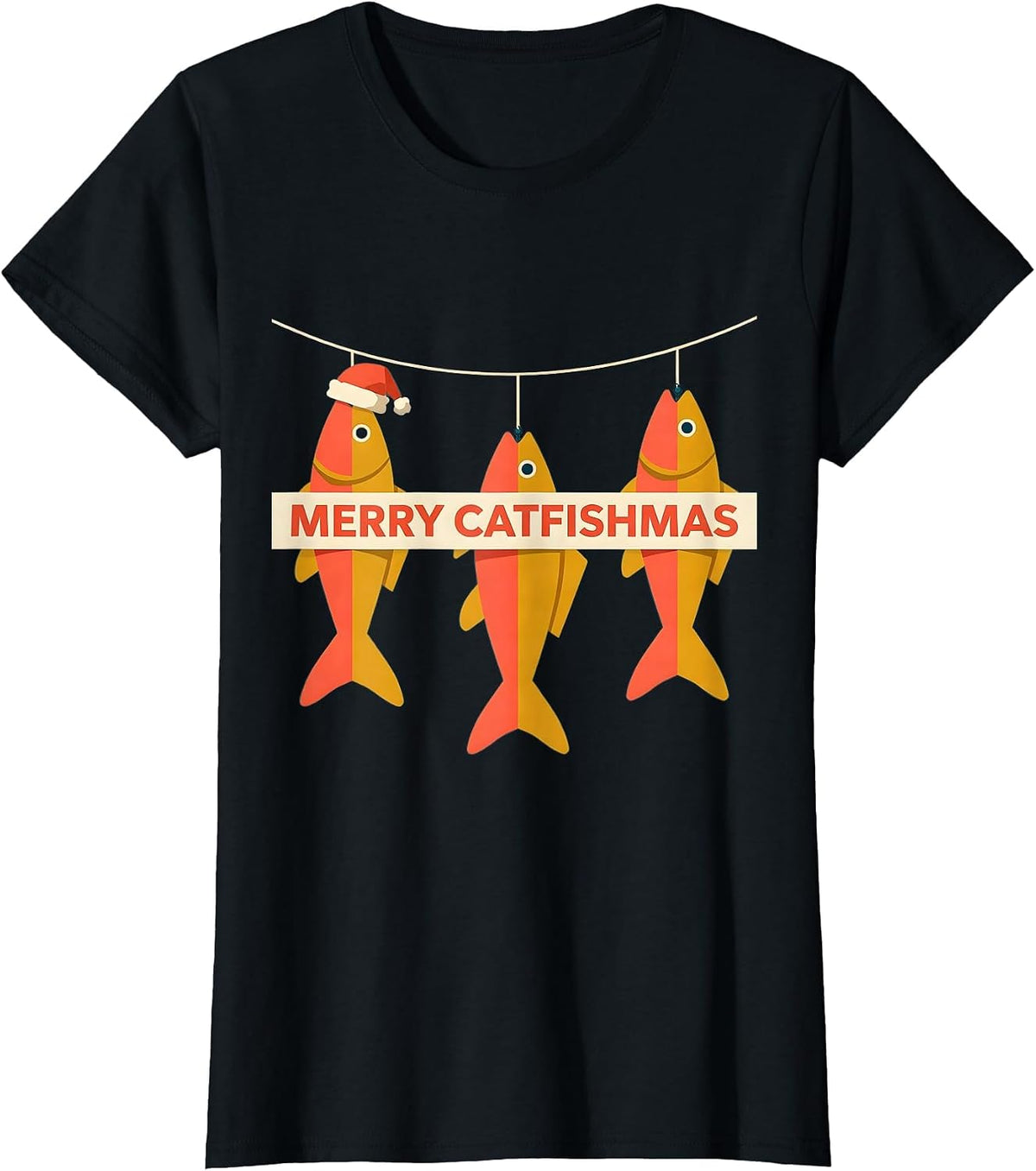 Merry Catfishmas Midcentury Modern Fishing Humor Christmas T-Shirt - Black