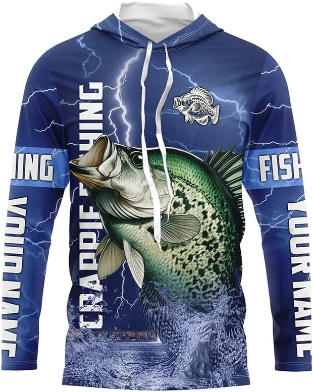 Crappie Fishing Blue Lightning Jerseys Custom Name Performance Long Sleeve Tournament Fishing Shirts - Long Sleeves Hooded