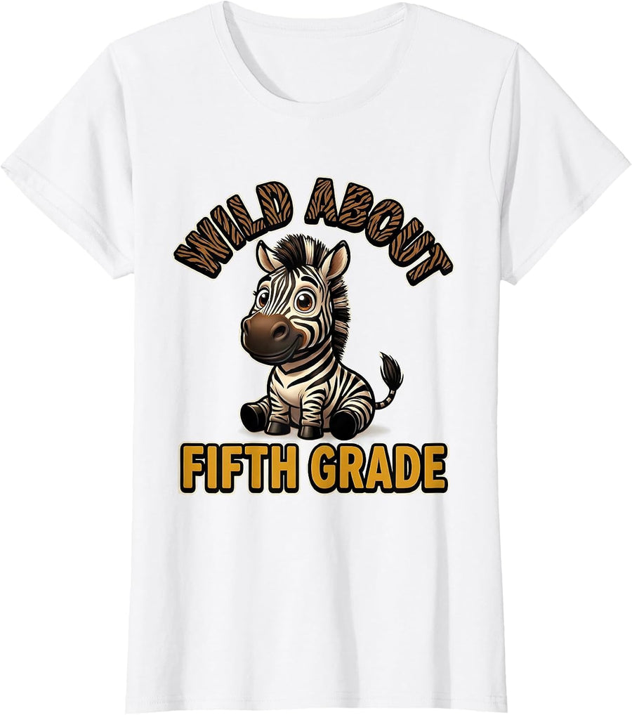 Women's Wild About Fifth Grade Cartoon Zebra Teacher Student Animal T-Shirt - White