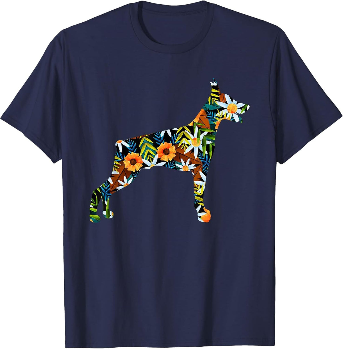 Funny Doberman Art for Men Women Floral Doberman Pinscher T-Shirt - Navy Blue