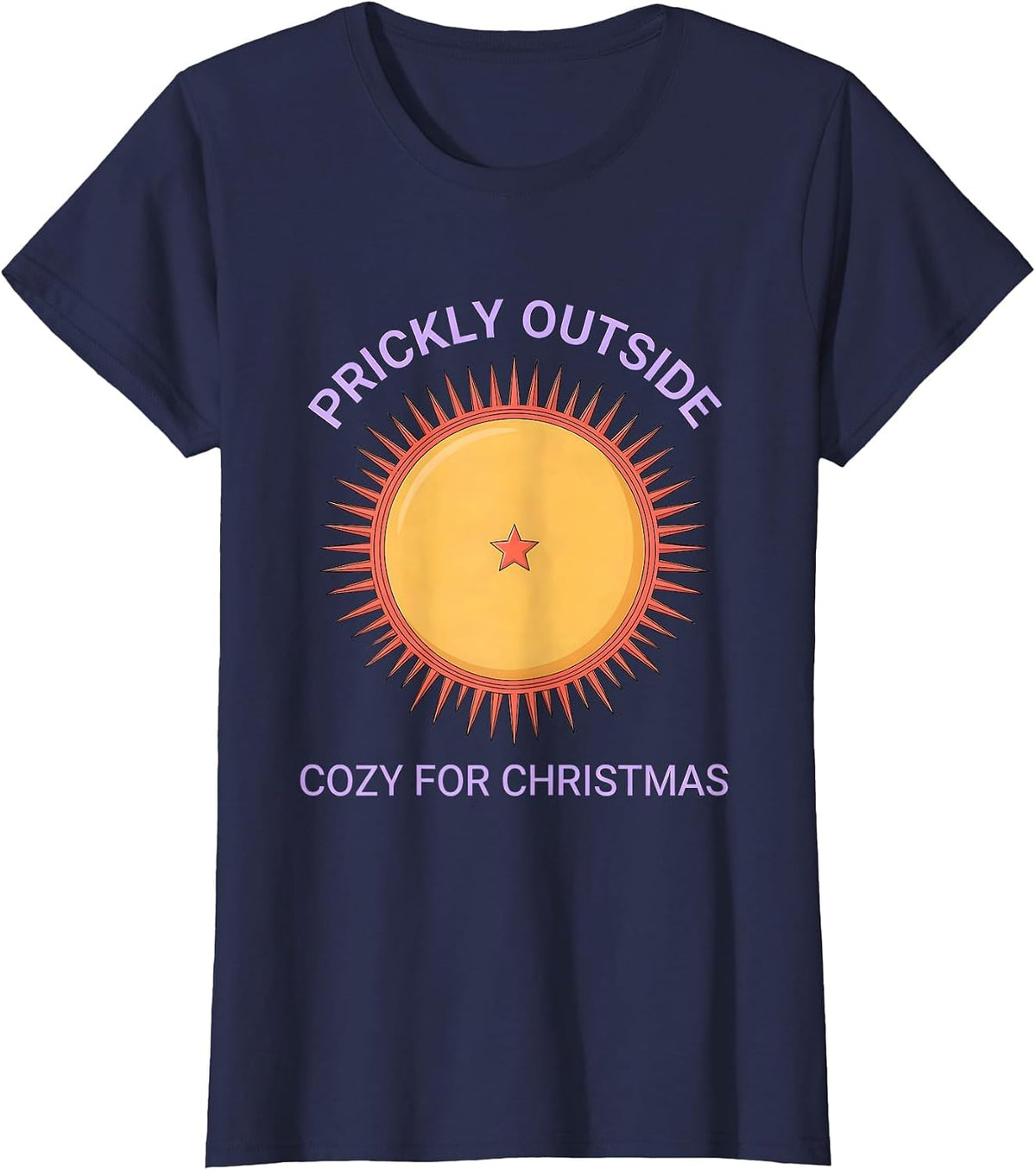 Women's Prickly Outside, Cozy For Christmas Cute Hedgehog Christmas T-Shirt - Navy Blue