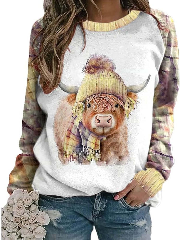 Women's Winter West Highland Cow Plaid Print Sweatshirt Western Highland Cow Shirts for Women - Yellow