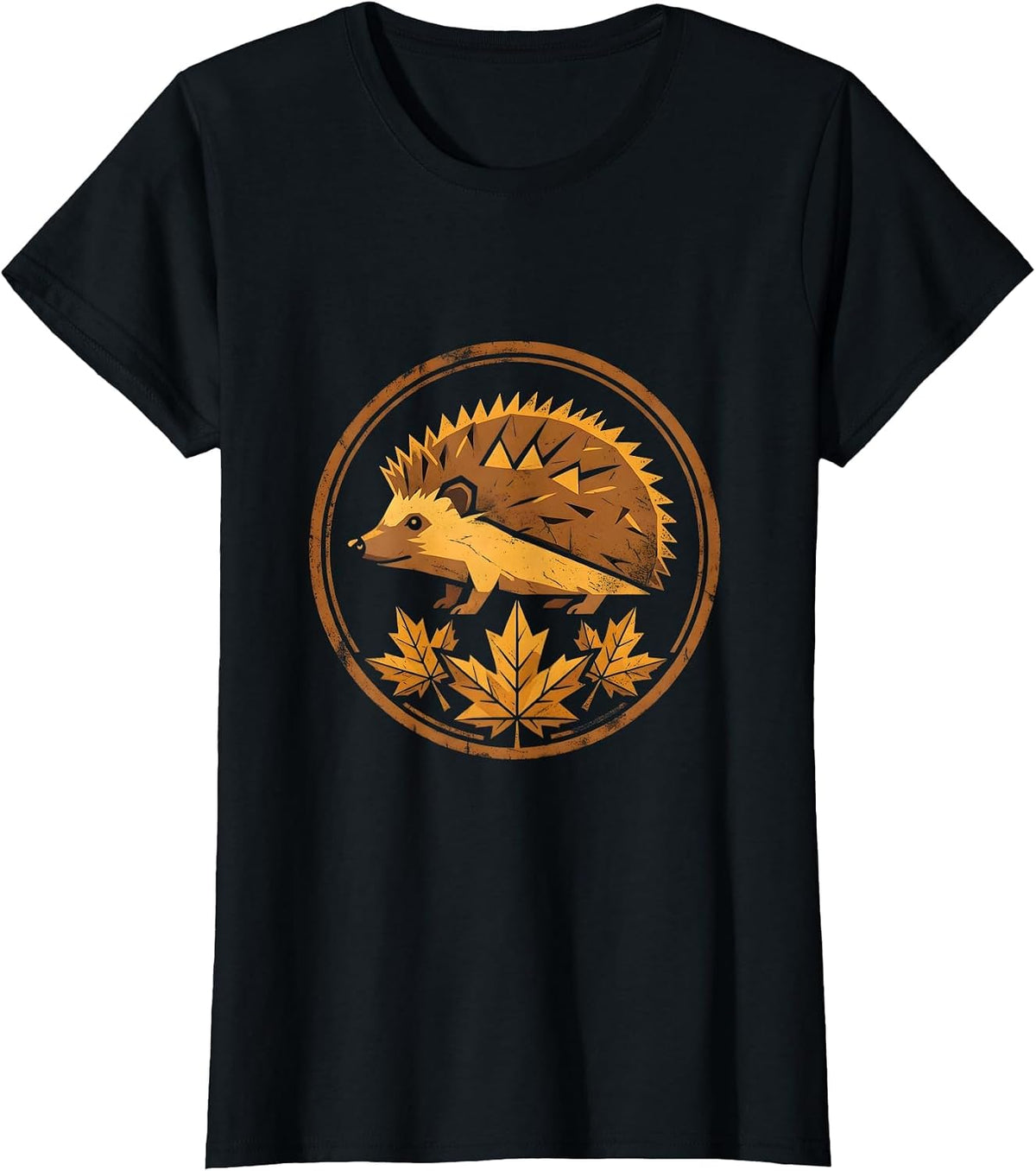 Women's Hedgehog in Autumn Leaves Fall Illustration T-Shirt - Black