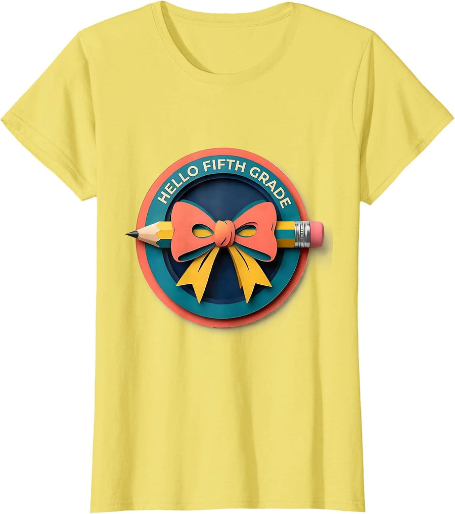 Women's Hello Fifth Grade Cute Back to School Pencil Bow Gift T-Shirt - Lemon Yellow