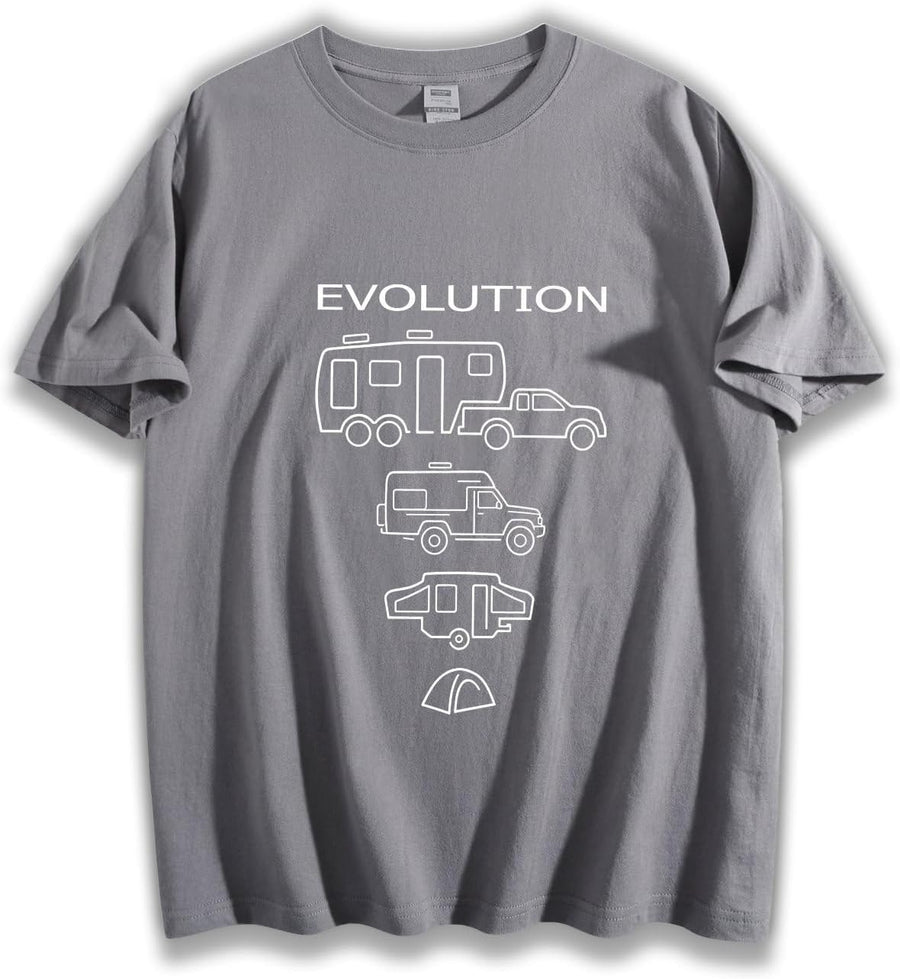 Unisex Loose Fit Crewneck Cotton T-Shirt, Camping Evolution RV Camper Van Trailer Tent Road Trip Graphic Tee - Gray