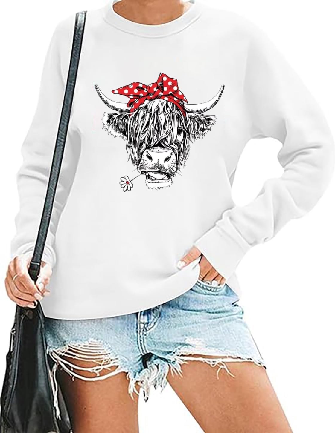 Women Cow Sweatshirt Western Cowgirl Farm Life Graphic Long Sleeve Tops - White