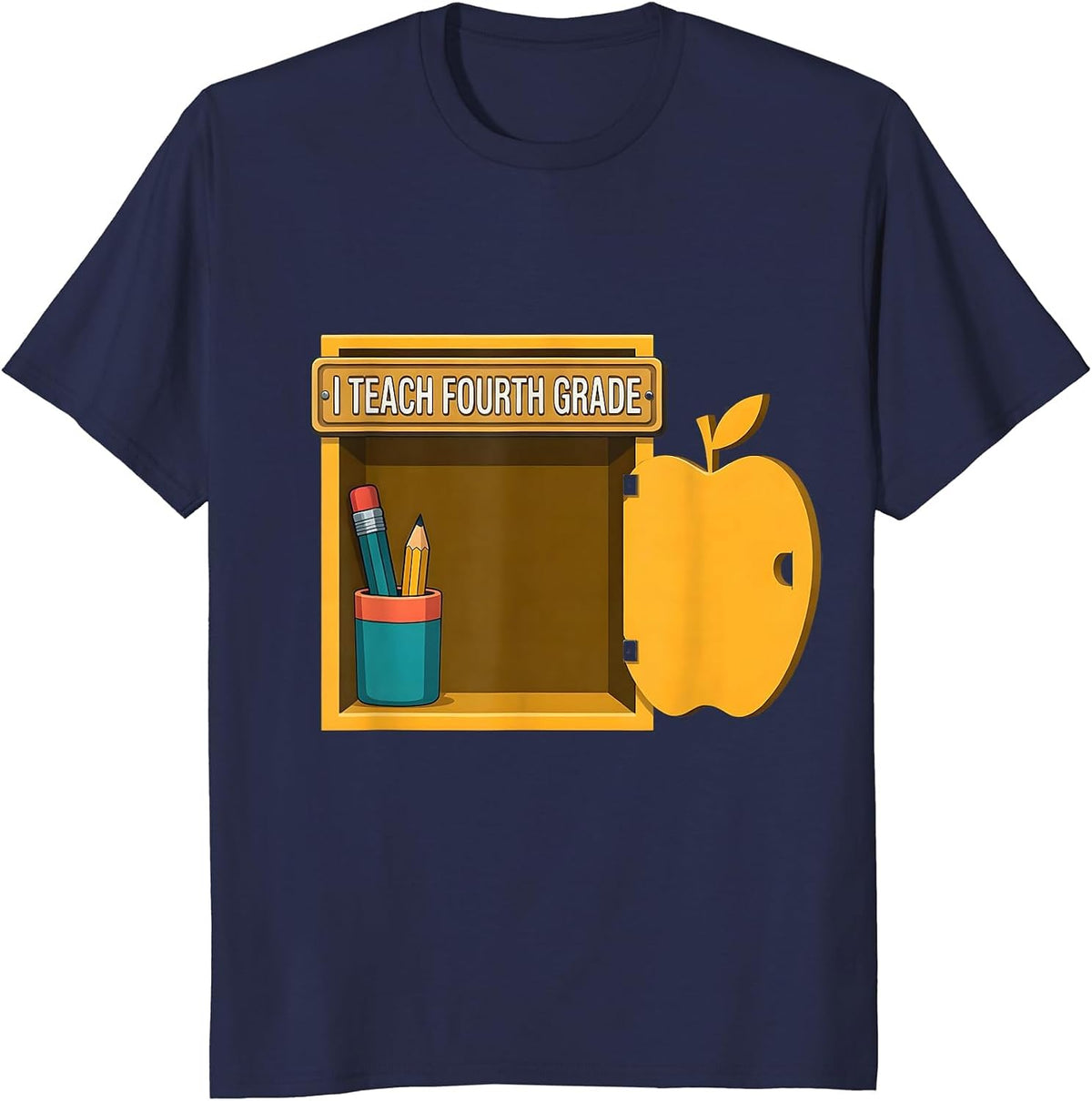 Men's I Teach Fourth Grade Flat Vector Teacher Appreciation Back T-Shirt - Navy Blue