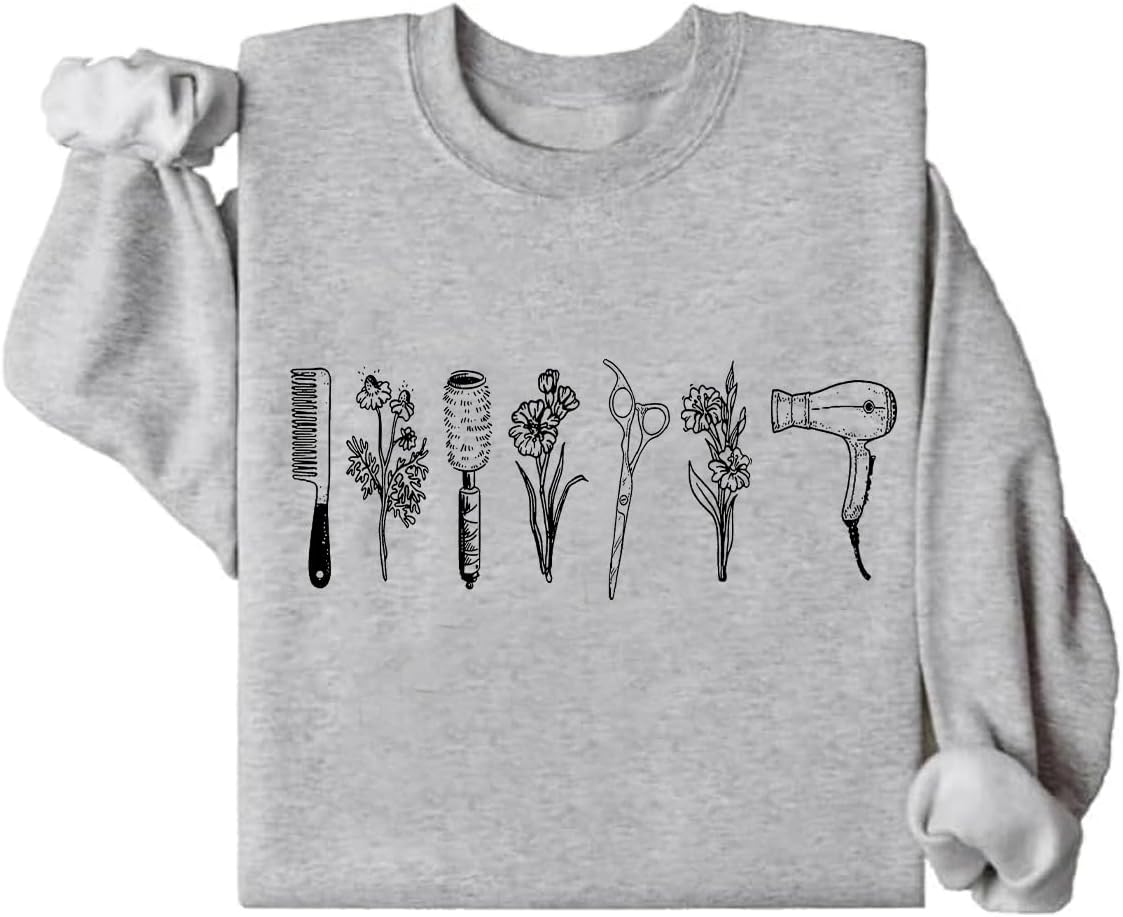 Minimalist Hairstylist Sweatshirt, Hair Stylist Sweatshirt, Unisex Wildflower Hairdresser Hair Therapist Sweatshirt - Grey